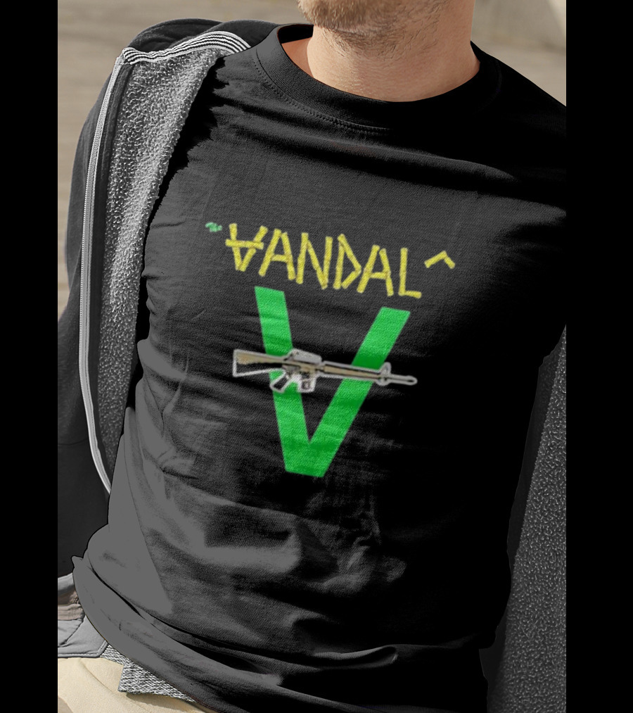 The Vandals Yellow Text Green V Rifle Image T-Shirt