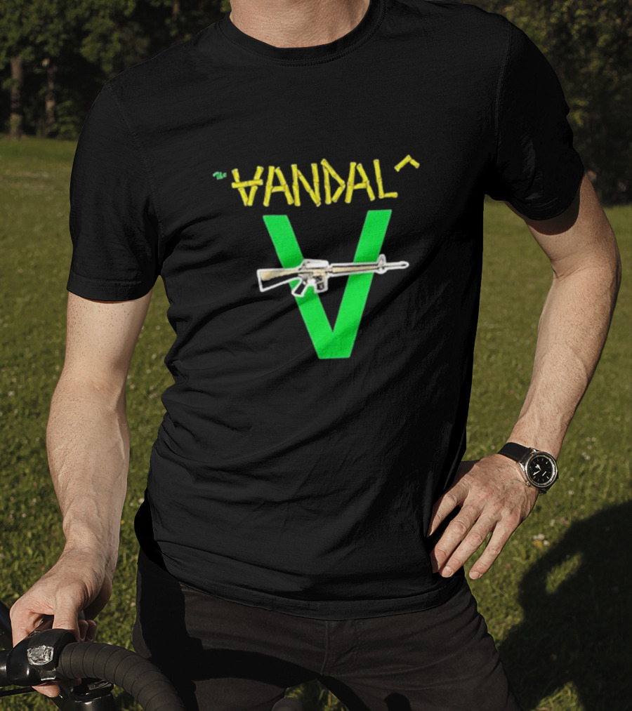 The Vandals Yellow Text Green V Rifle Image T-Shirt