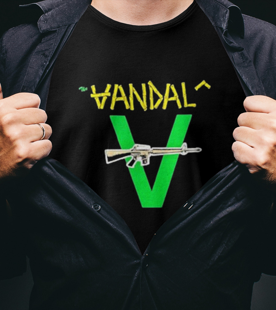 The Vandals Yellow Text Green V Rifle Image T-Shirt