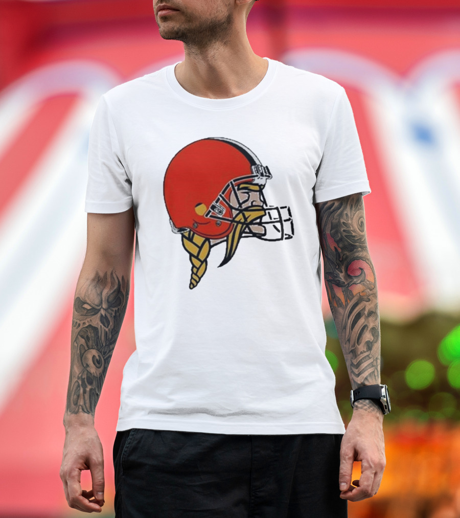 Quality Jay Cuda Browns Vikings Dual Logo Helmet T-Shirt