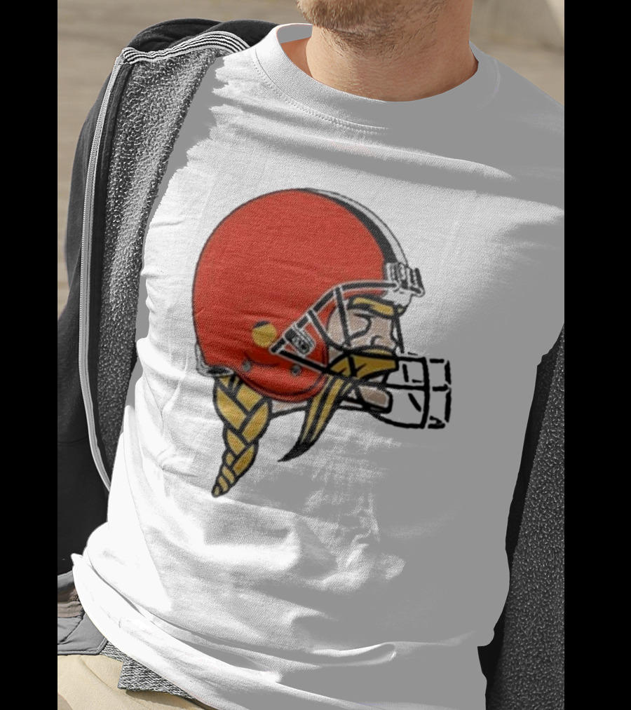 Quality Jay Cuda Browns Vikings Dual Logo Helmet T-Shirt