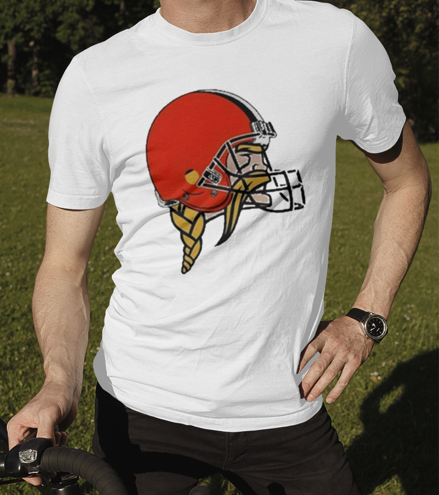 Quality Jay Cuda Browns Vikings Dual Logo Helmet T-Shirt