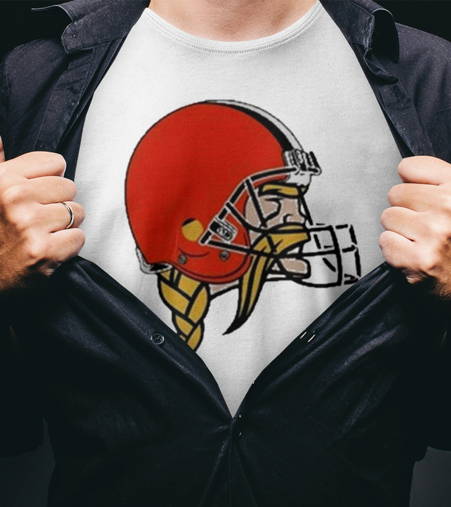 Quality Jay Cuda Browns Vikings Dual Logo Helmet T-Shirt