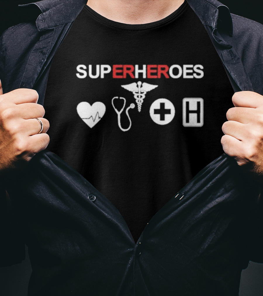 SUPER HEROES SUP HOES Heartbeat Stethoscope Caduceus Cross Hospital T-Shirt