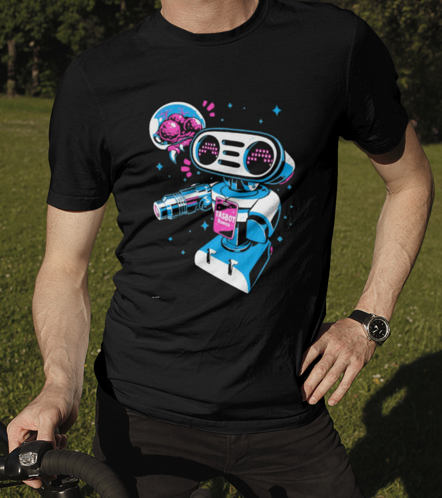 Tasbeam Tasbot Runner Robot With Alien Planet And Retro Sci-Fi Elements T-Shirt