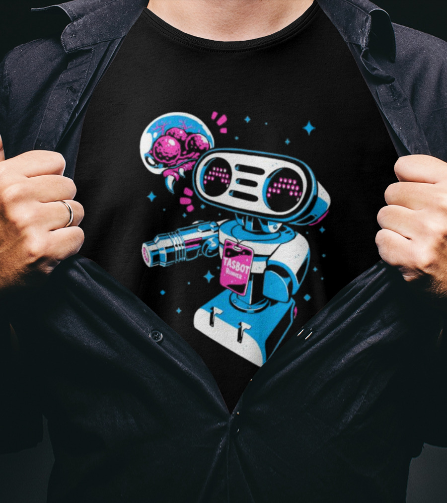 Tasbeam Tasbot Runner Robot With Alien Planet And Retro Sci-Fi Elements T-Shirt