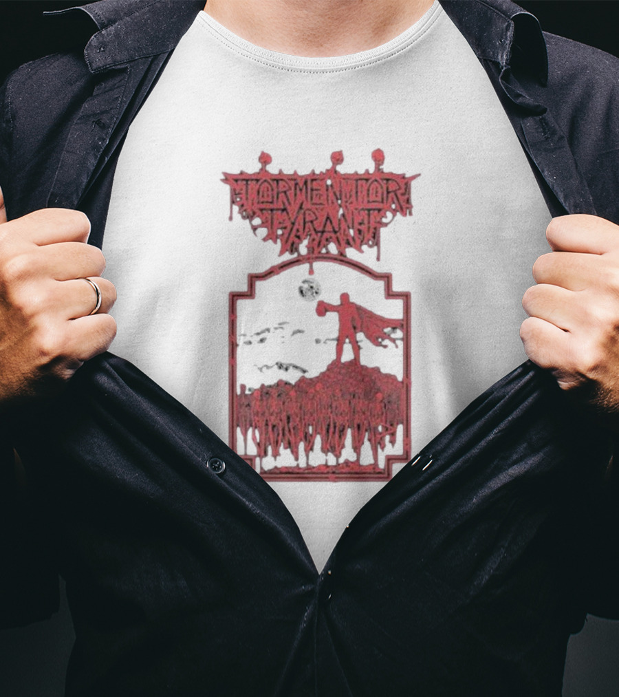 Tormentor Tyrant Red Figure Standing Amidst Crowd Under Moon T-Shirt