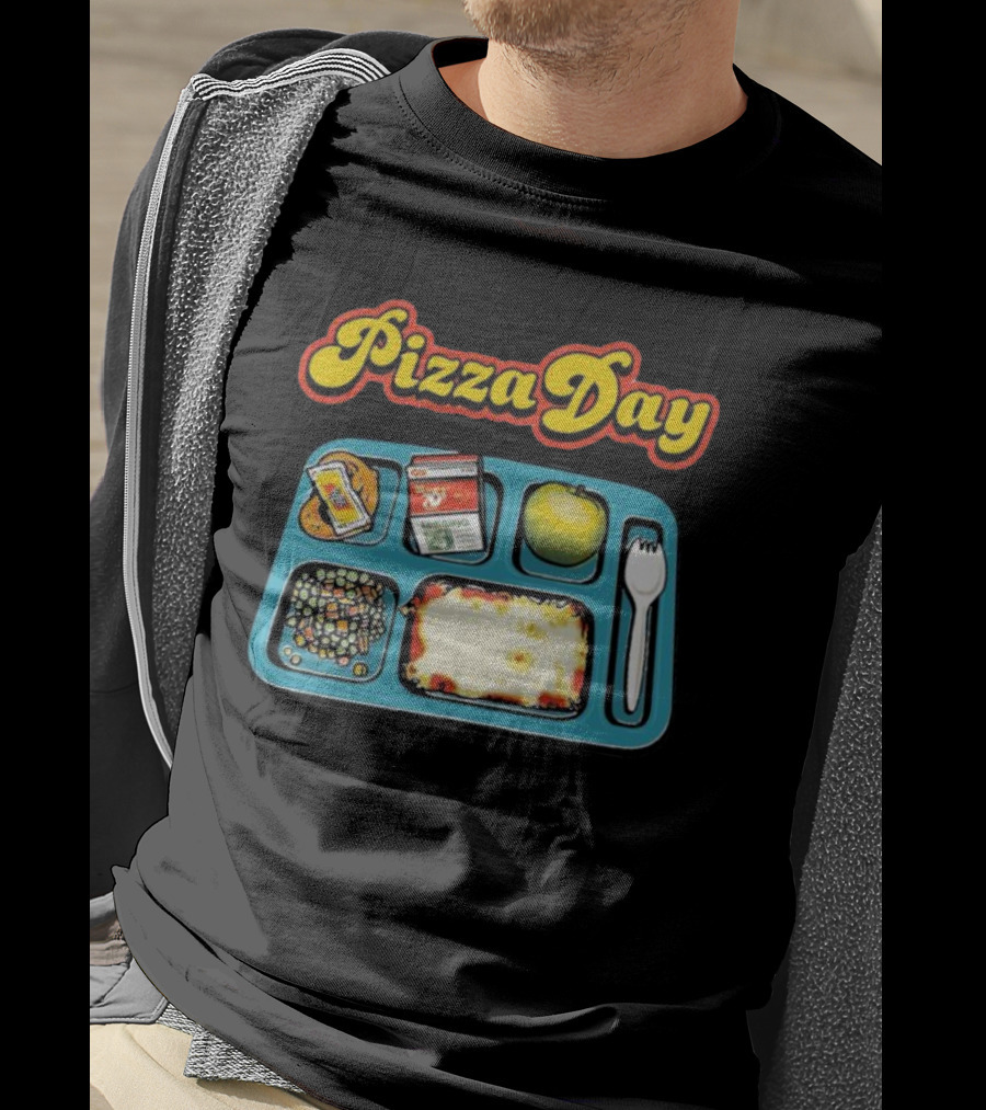 S7s Pizza Day Cafeteria Lunch Tray With Pizza, Milk, Apple, Cookies, Fork, And Vegetables T-Shirt