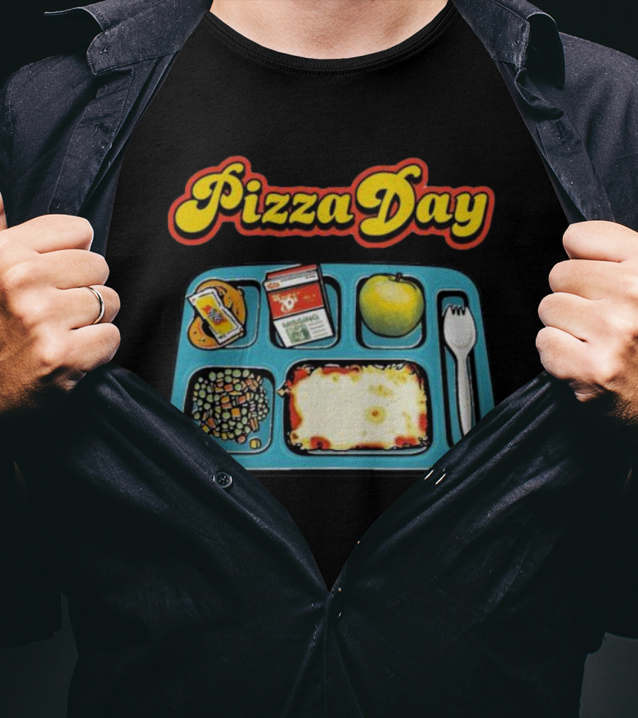 S7s Pizza Day Cafeteria Lunch Tray With Pizza, Milk, Apple, Cookies, Fork, And Vegetables T-Shirt