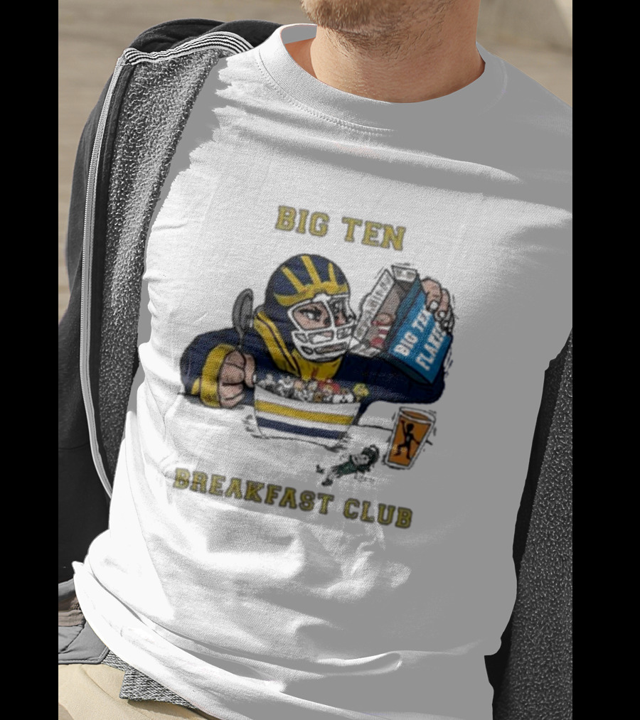 Big Ten Breakfast Club Michigan Wolverines Player Eating Cereal With Blue Box And Orange Cup T-Shirt