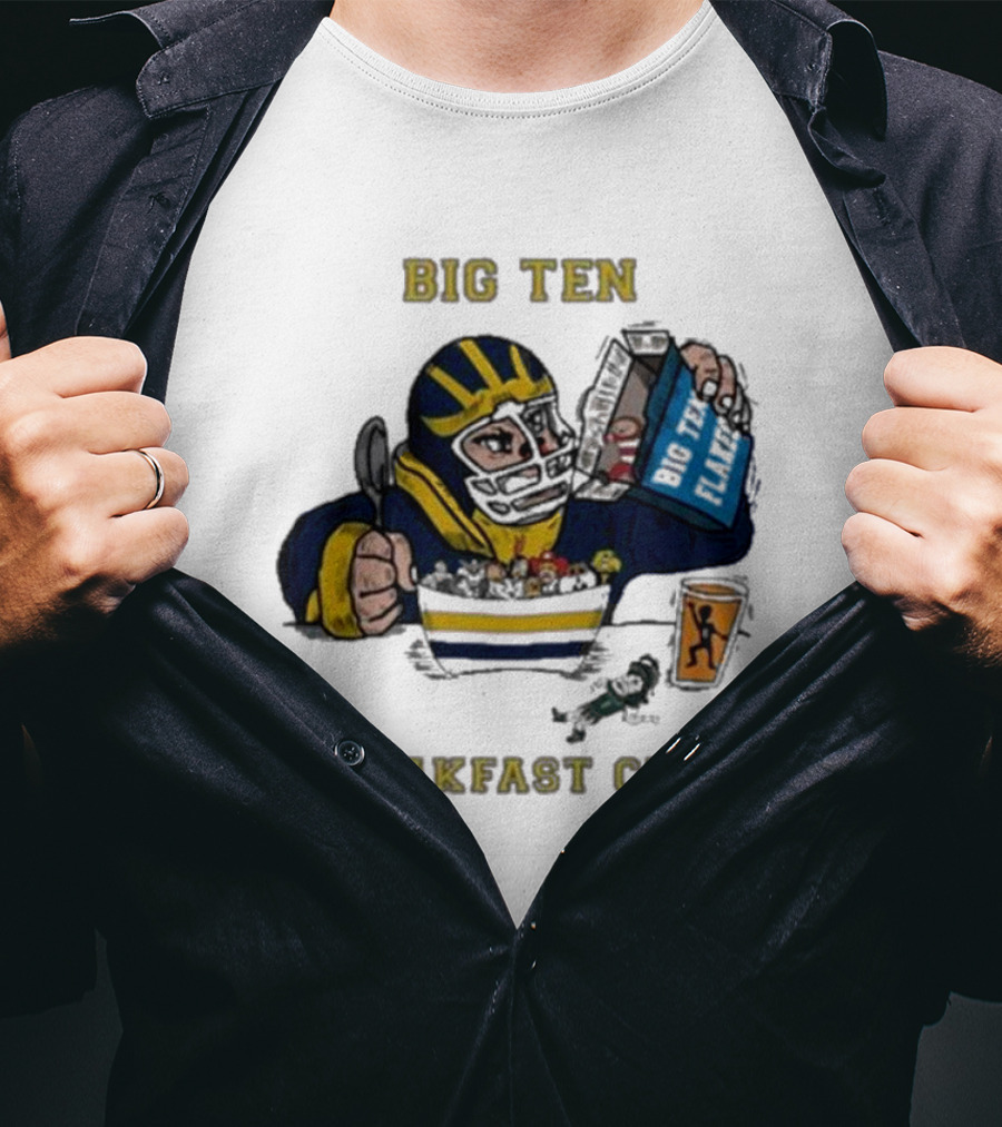 Big Ten Breakfast Club Michigan Wolverines Player Eating Cereal With Blue Box And Orange Cup T-Shirt