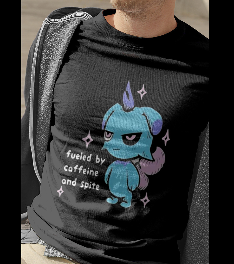 Palworld Fueled By Caffeine And Spite Blue Creature With Pink Stars T-Shirt