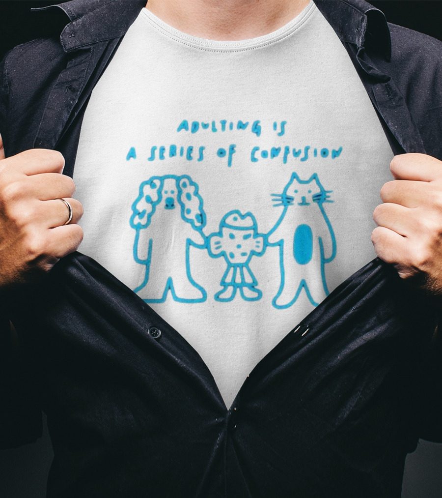 Adulting Is A Series Of Confusion With Bear, Fish, And Cat Characters T-Shirt