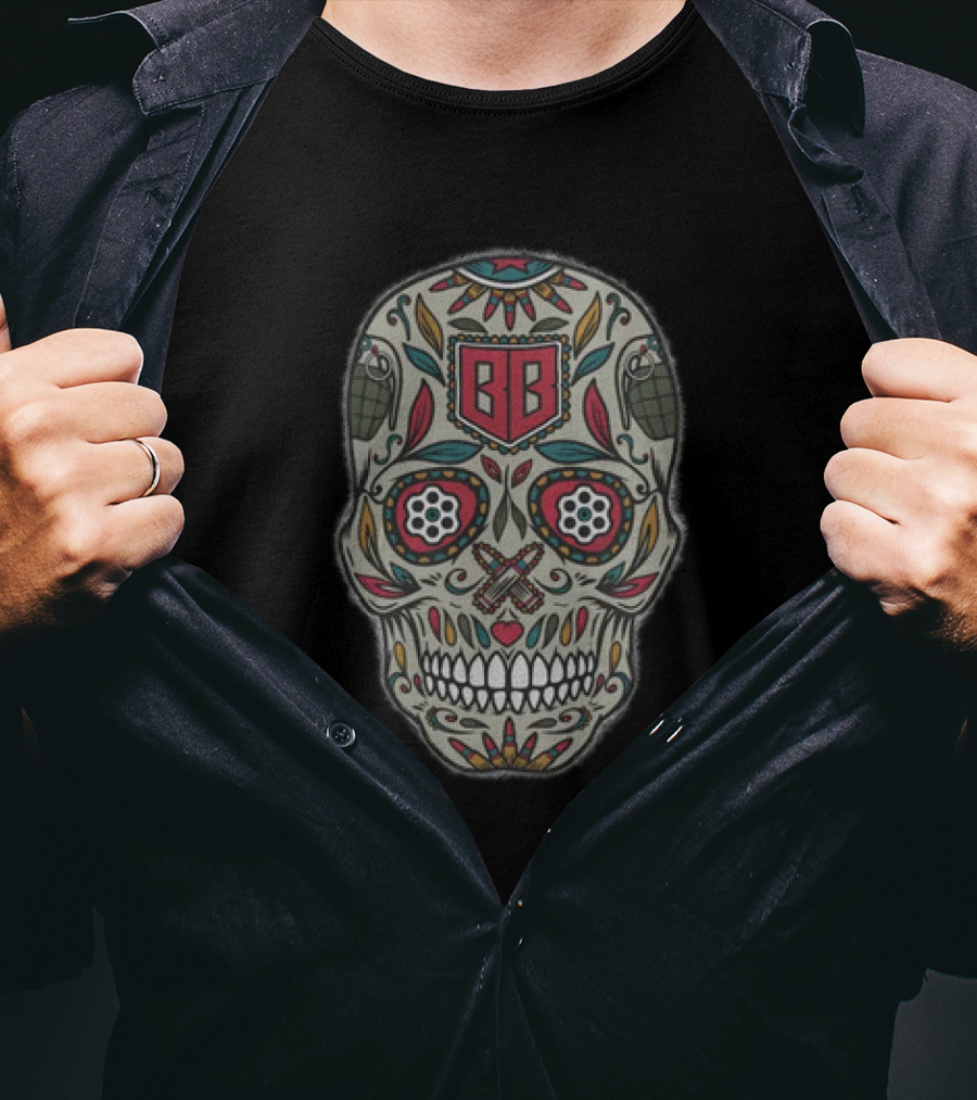 Bunker Branding BB Calaveras Skull Design With Grenades And Crossed Guns T-Shirt