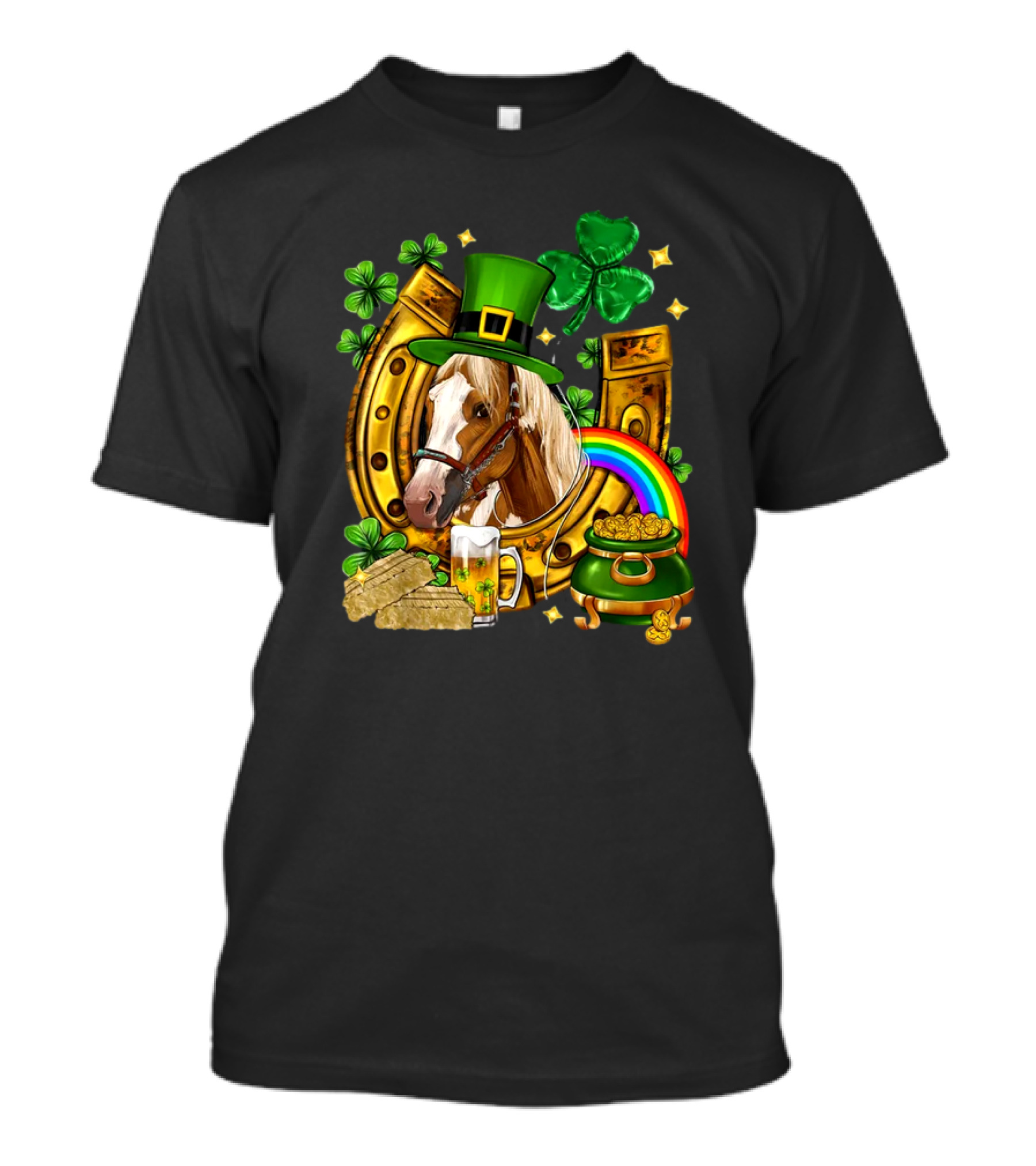 Horse Luck Gold Leprechaun Hat Shamrock Horseshoe Pot Of Gold Rainbow T-Shirt