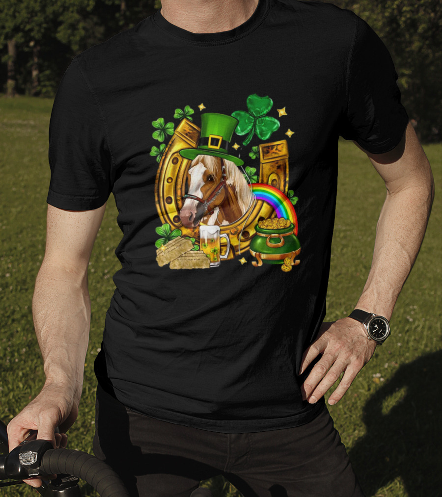 Horse Luck Gold Leprechaun Hat Shamrock Horseshoe Pot Of Gold Rainbow T-Shirt