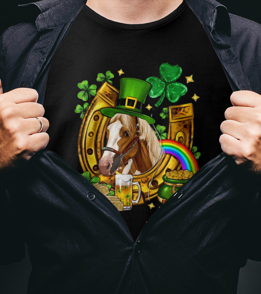 Horse Luck Gold Leprechaun Hat Shamrock Horseshoe Pot Of Gold Rainbow T-Shirt