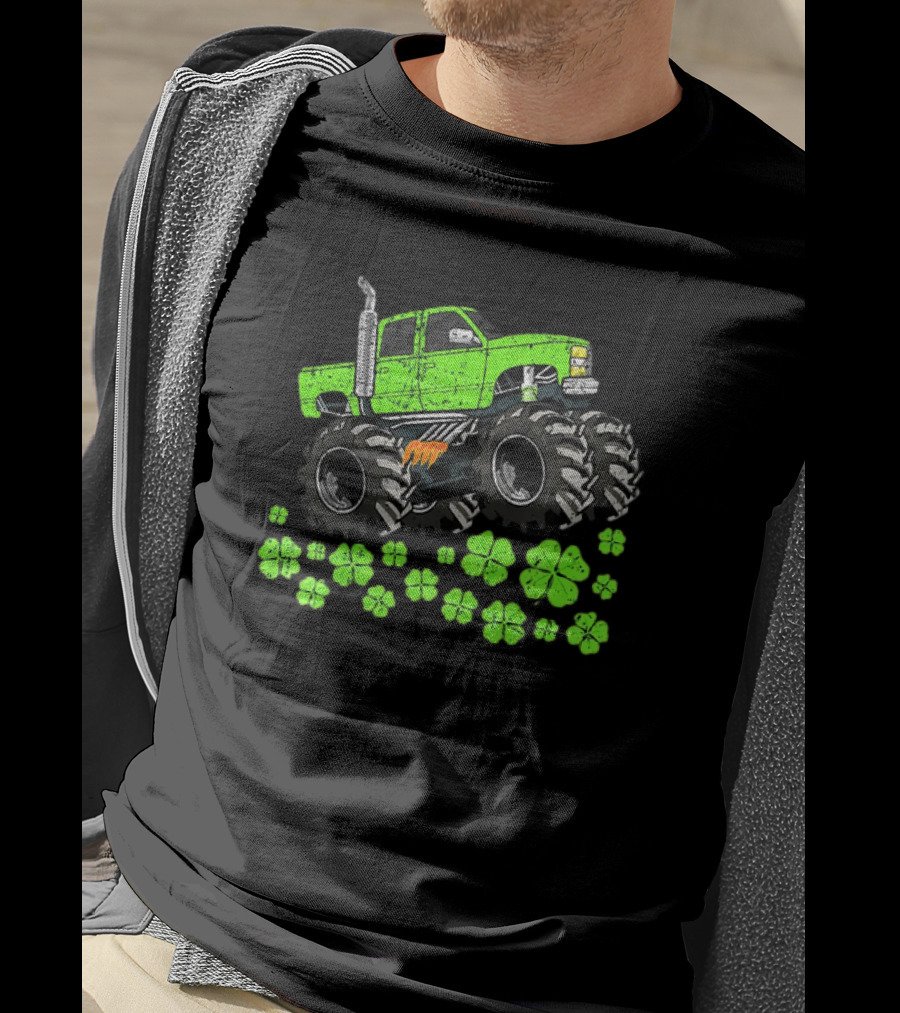 Kids Boys St Patricks Day Toddler Lucky Green Monster Truck With Shamrocks T-Shirt