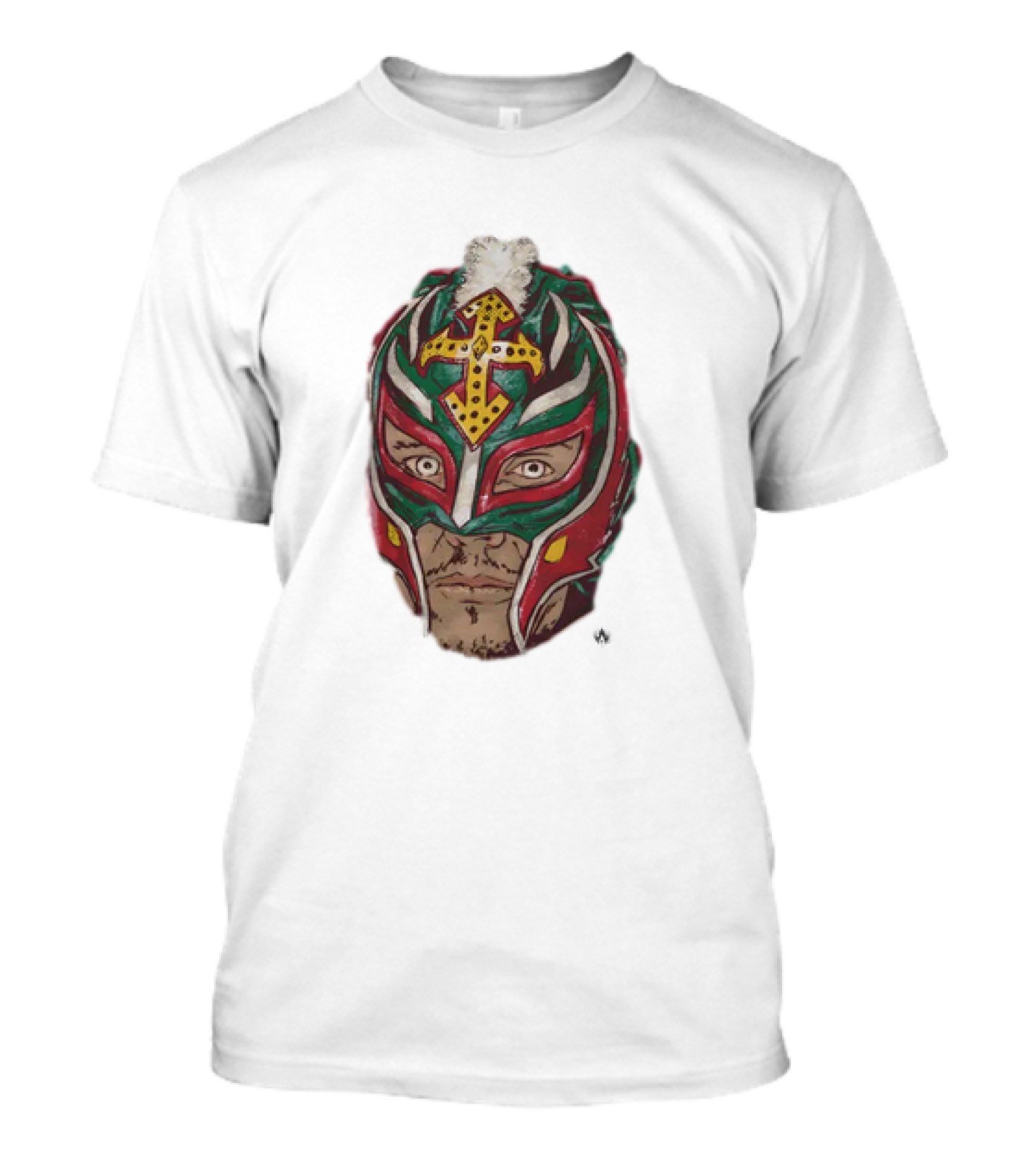 Men's Black Rey Mysterio Mask Face With Colorful Wrestling Headdress And Cross T-Shirt