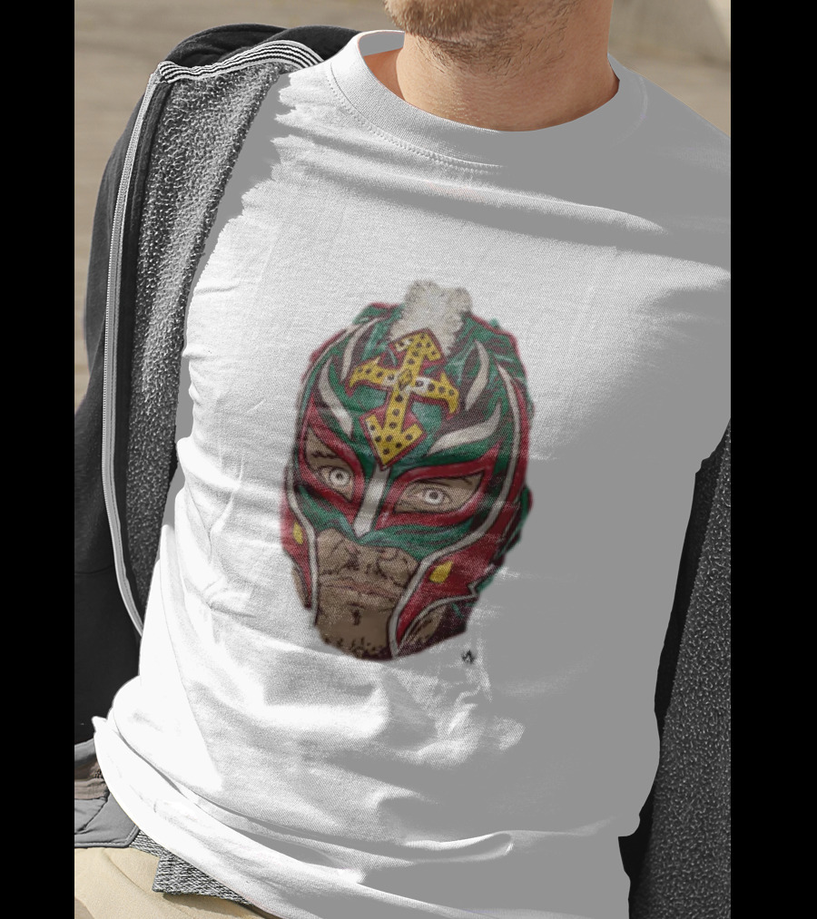 Men's Black Rey Mysterio Mask Face With Colorful Wrestling Headdress And Cross T-Shirt
