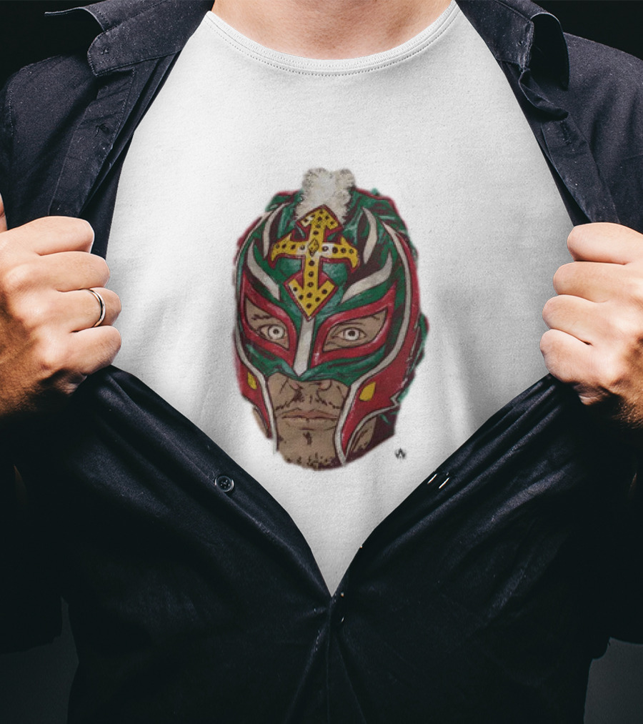 Men's Black Rey Mysterio Mask Face With Colorful Wrestling Headdress And Cross T-Shirt