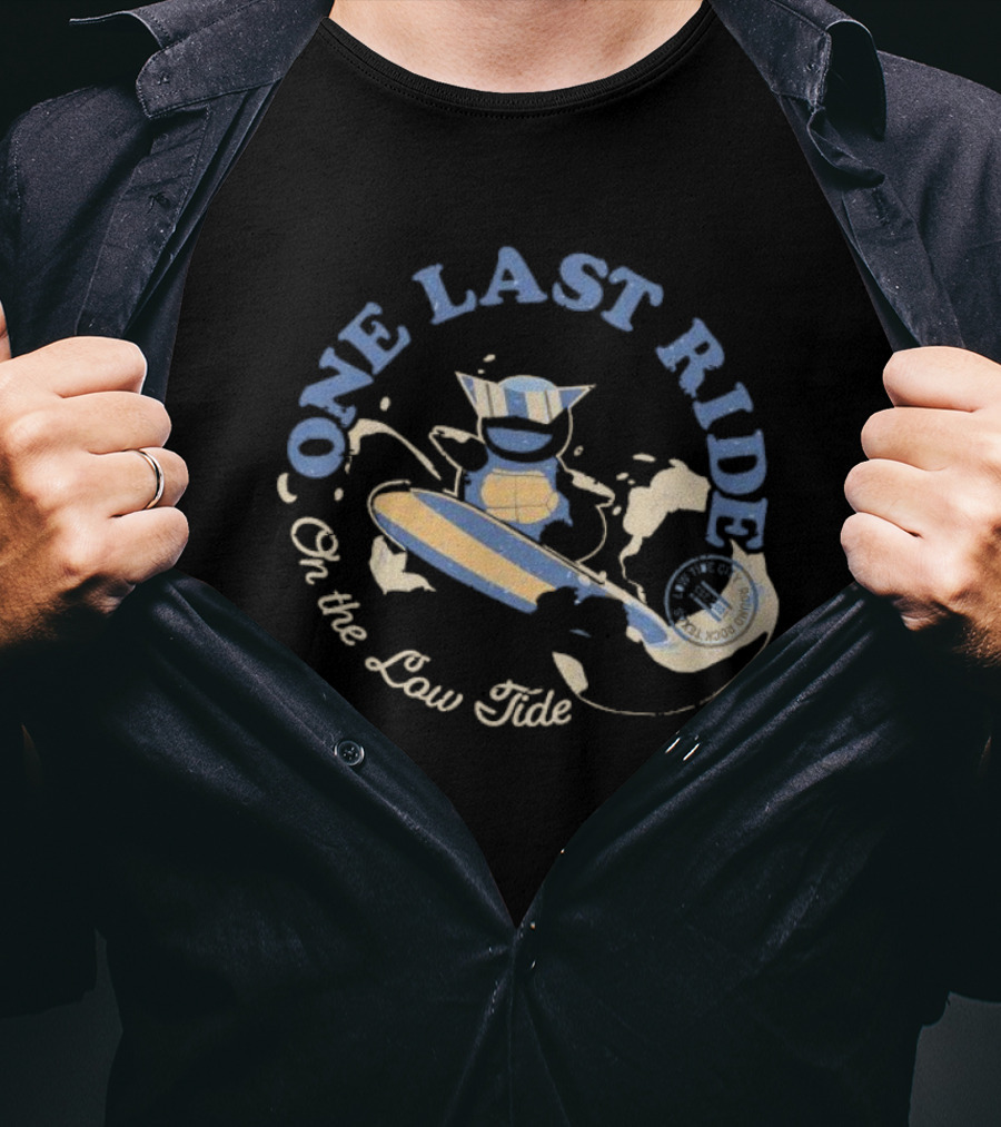Surfing Adventure With Blue Masked Figure And Iconic Board 'One Last Ride On The Low Tide' T-Shirt