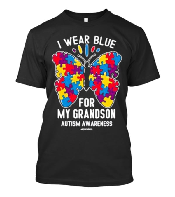 I Wear Blue Butterfly Puzzle My Grandson Autism Awareness T-Shirt
