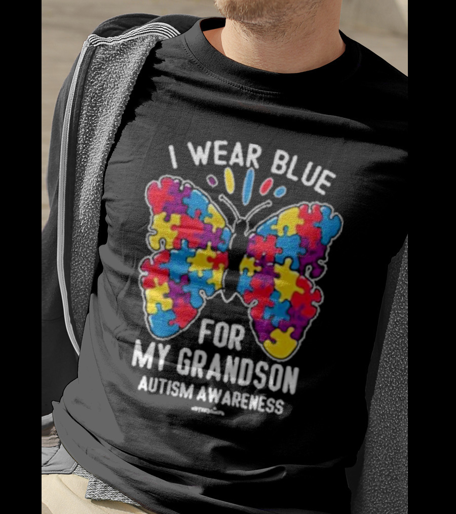 I Wear Blue Butterfly Puzzle My Grandson Autism Awareness T-Shirt