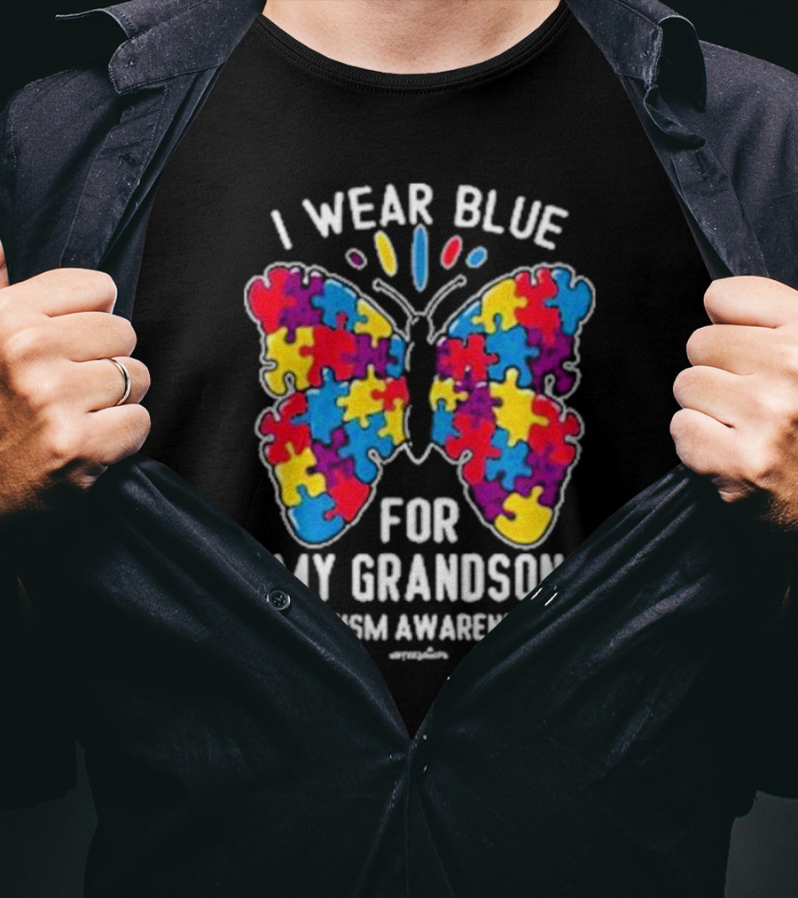 I Wear Blue Butterfly Puzzle My Grandson Autism Awareness T-Shirt