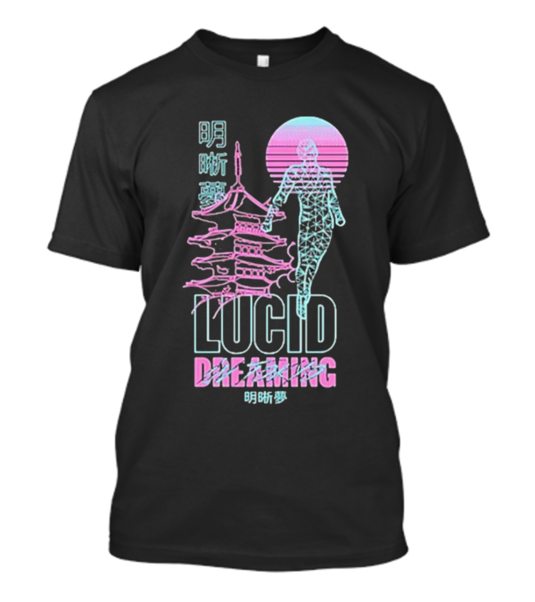 Lucid Dreaming Tokyo Japan Neon Pagoda And Wireframe Figure T-Shirt
