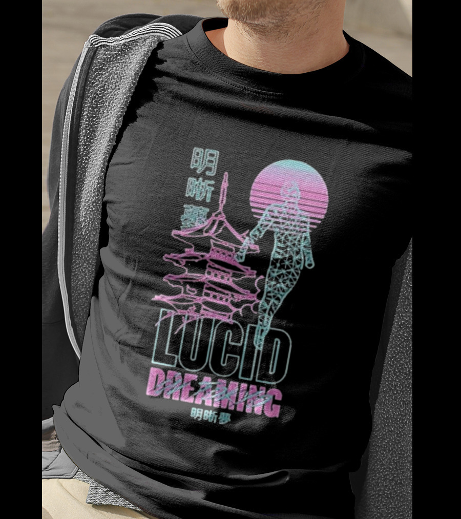 Lucid Dreaming Tokyo Japan Neon Pagoda And Wireframe Figure T-Shirt