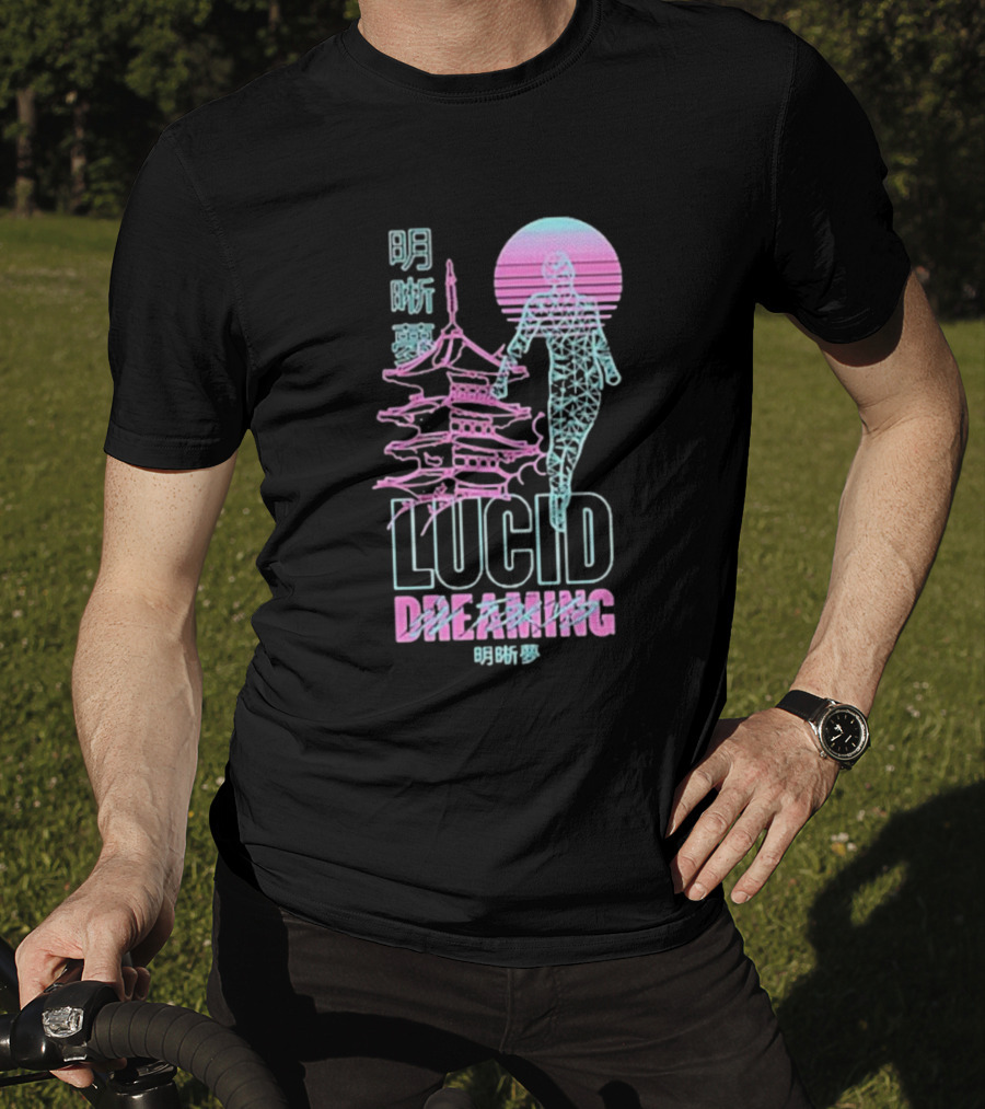 Lucid Dreaming Tokyo Japan Neon Pagoda And Wireframe Figure T-Shirt
