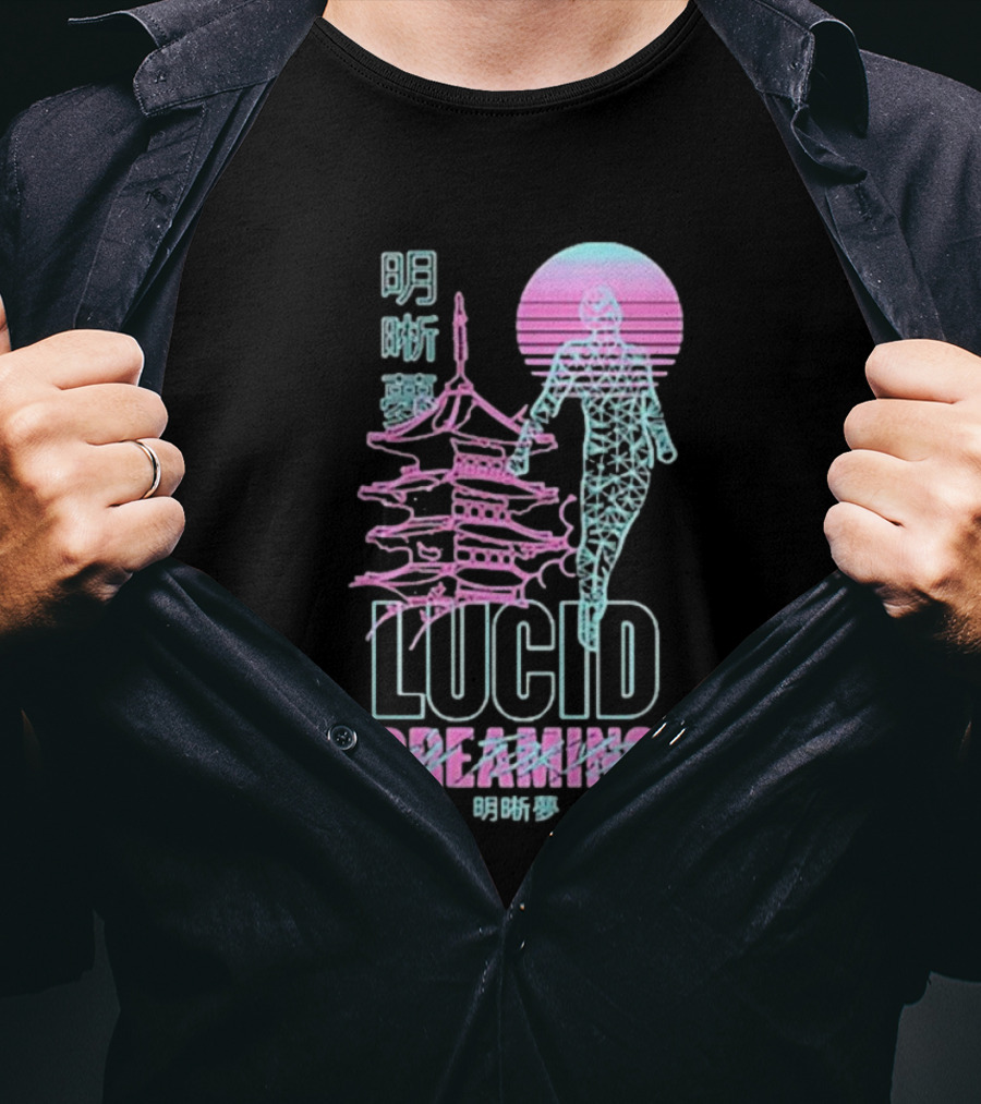 Lucid Dreaming Tokyo Japan Neon Pagoda And Wireframe Figure T-Shirt