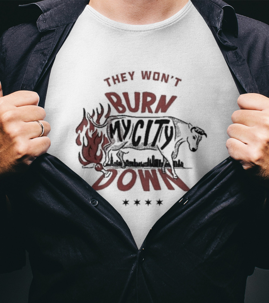 They Won't Burn My City Down Bull And Flames Skyline T-Shirt