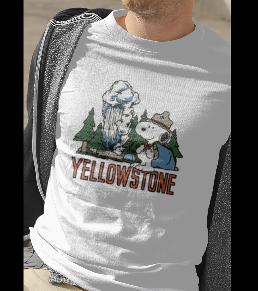 Peanuts Snoopy Yellowstone Camping Scene With Geyser And Forest T-Shirt