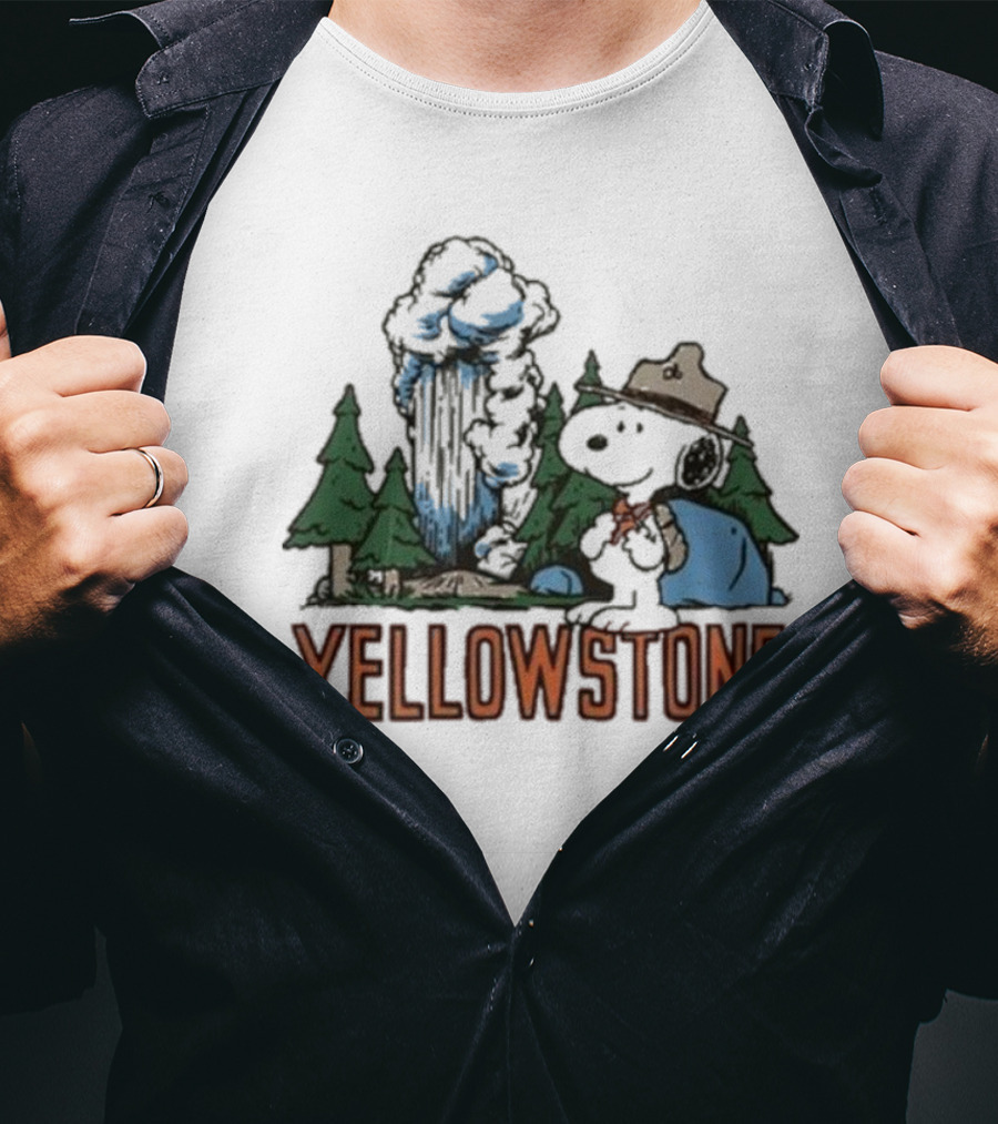 Peanuts Snoopy Yellowstone Camping Scene With Geyser And Forest T-Shirt