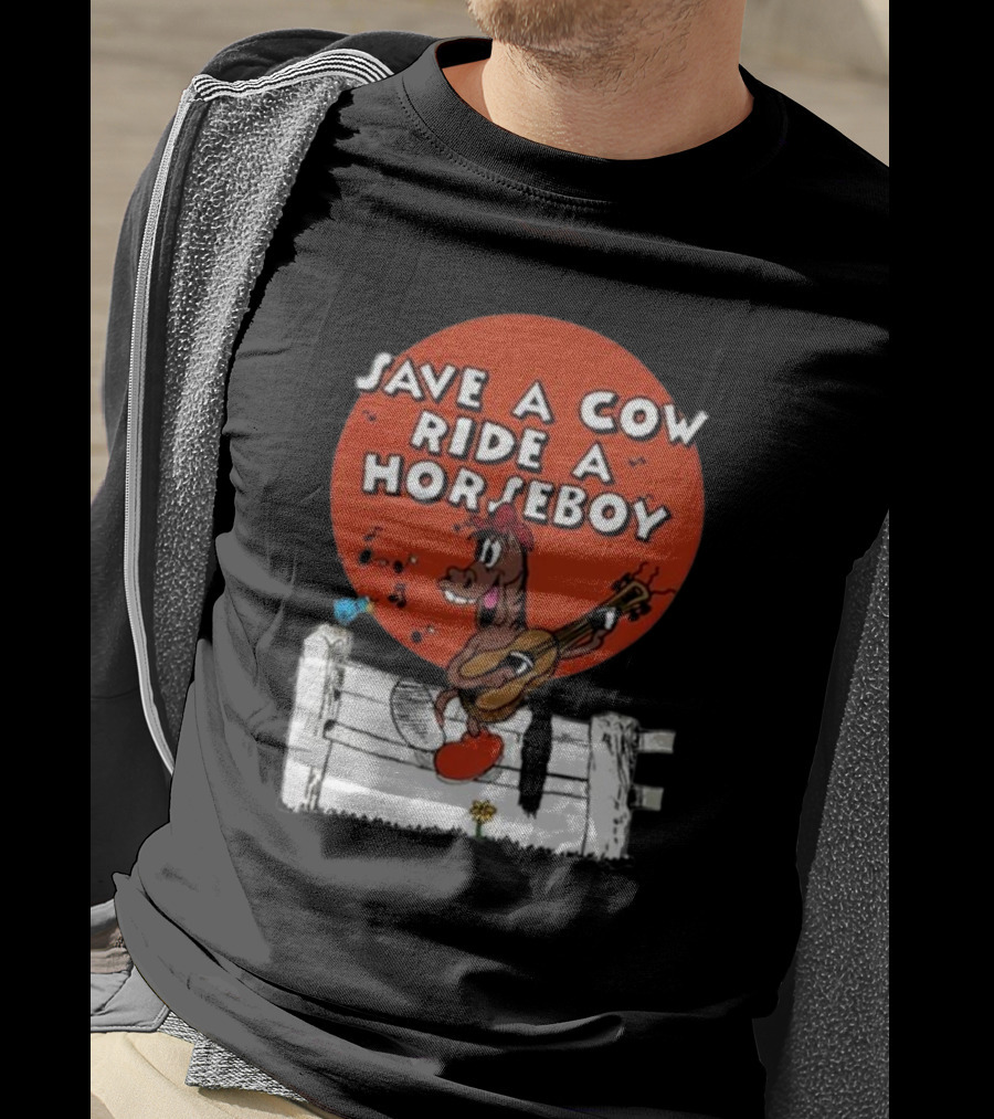 Save A Cow Ride A Horseboy Cartoon Horse Playing Guitar T-Shirt