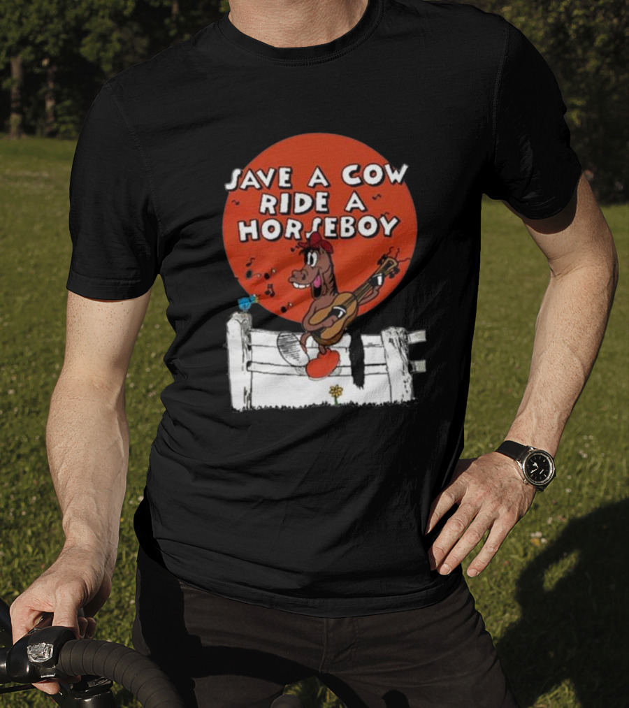 Save A Cow Ride A Horseboy Cartoon Horse Playing Guitar T-Shirt