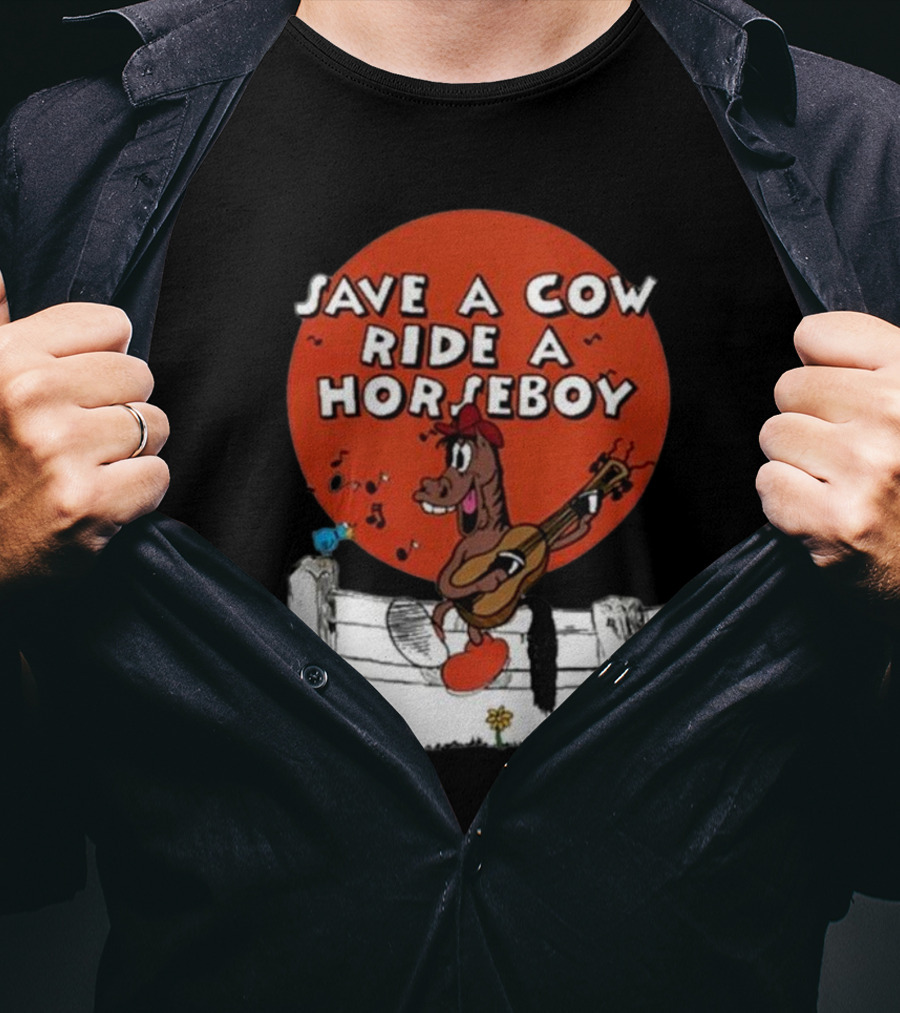 Save A Cow Ride A Horseboy Cartoon Horse Playing Guitar T-Shirt