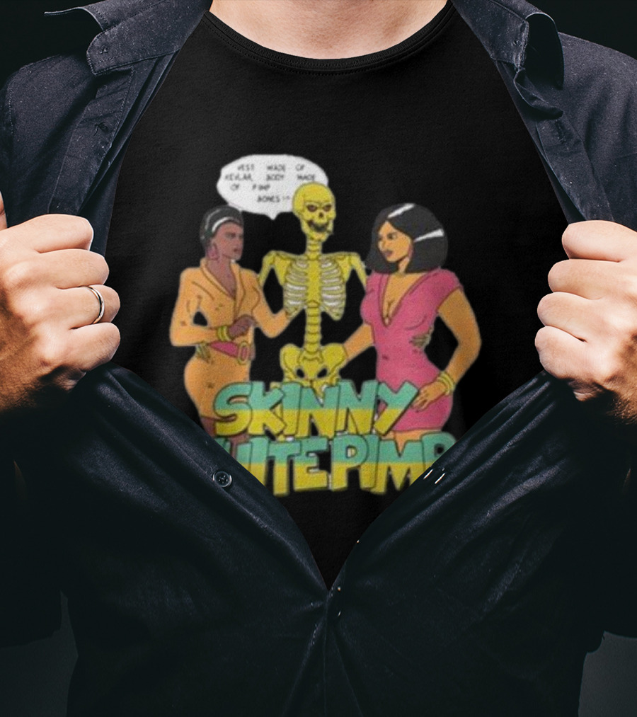 Team SESH Skinny White Pimp Cartoon Skeleton With Women T-Shirt