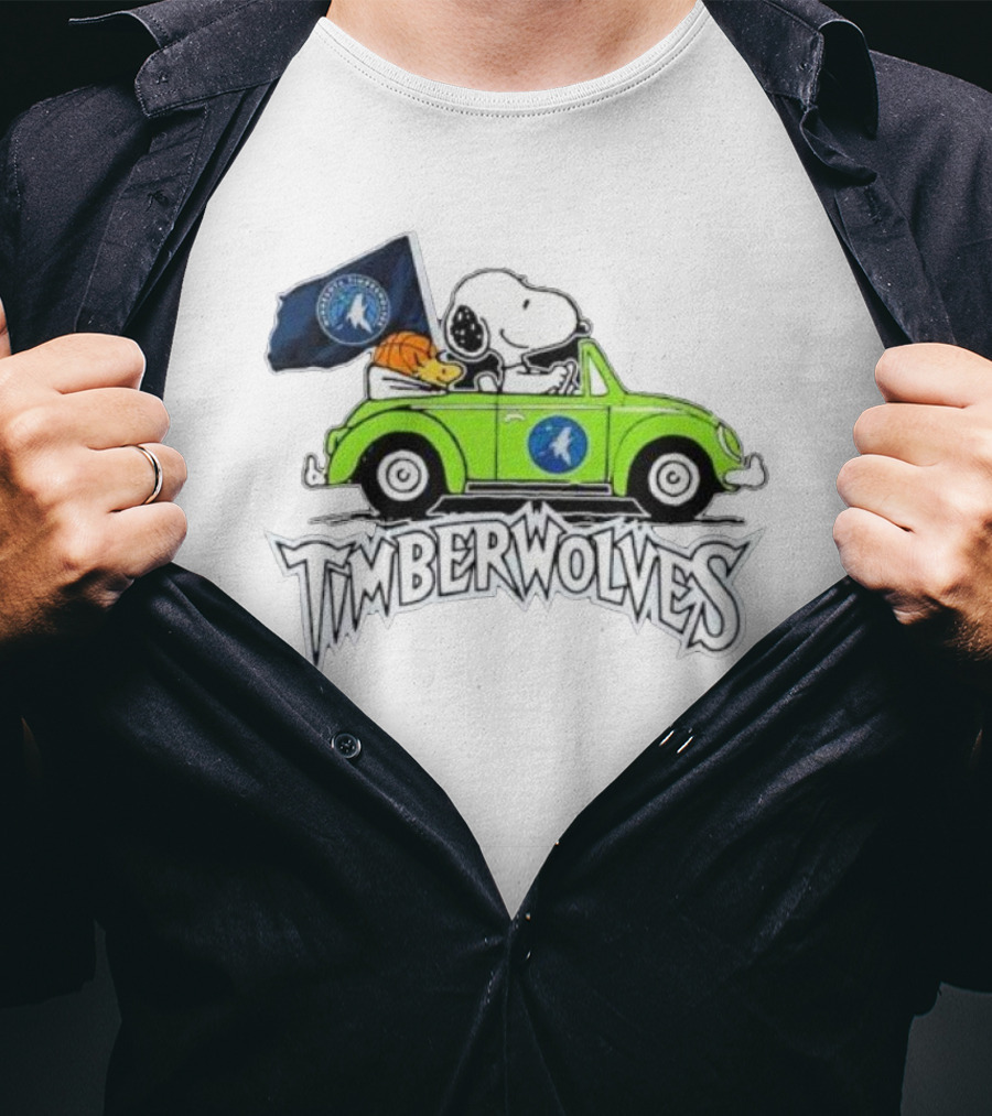 Minnesota Timberwolves Snoopy Forever Fan Driving Car With Timberwolves Flag T-Shirt