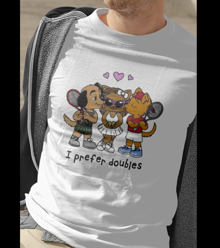 I Prefer Doubles Cute Animals With Tennis Rackets And Hearts T-Shirt