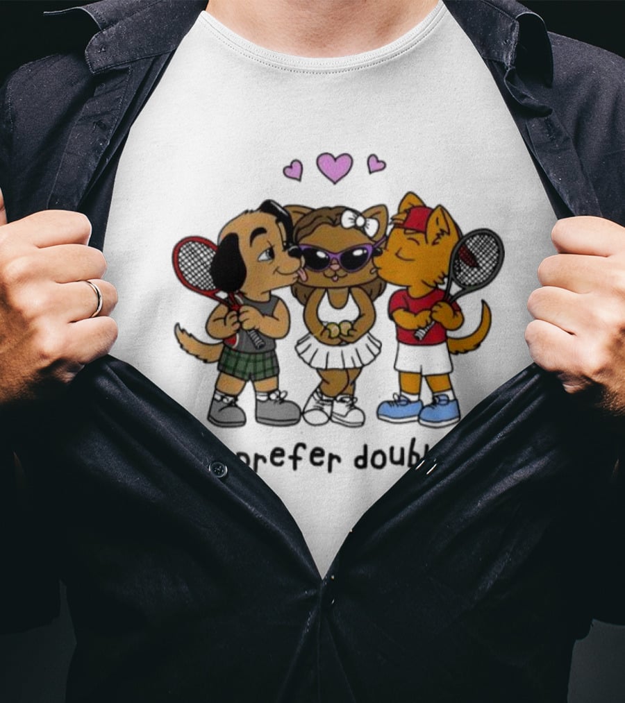 I Prefer Doubles Cute Animals With Tennis Rackets And Hearts T-Shirt