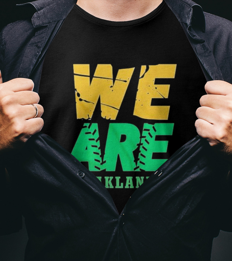 WE ARE OAKLAND Yellow Green Text Baseball Seam T-Shirt