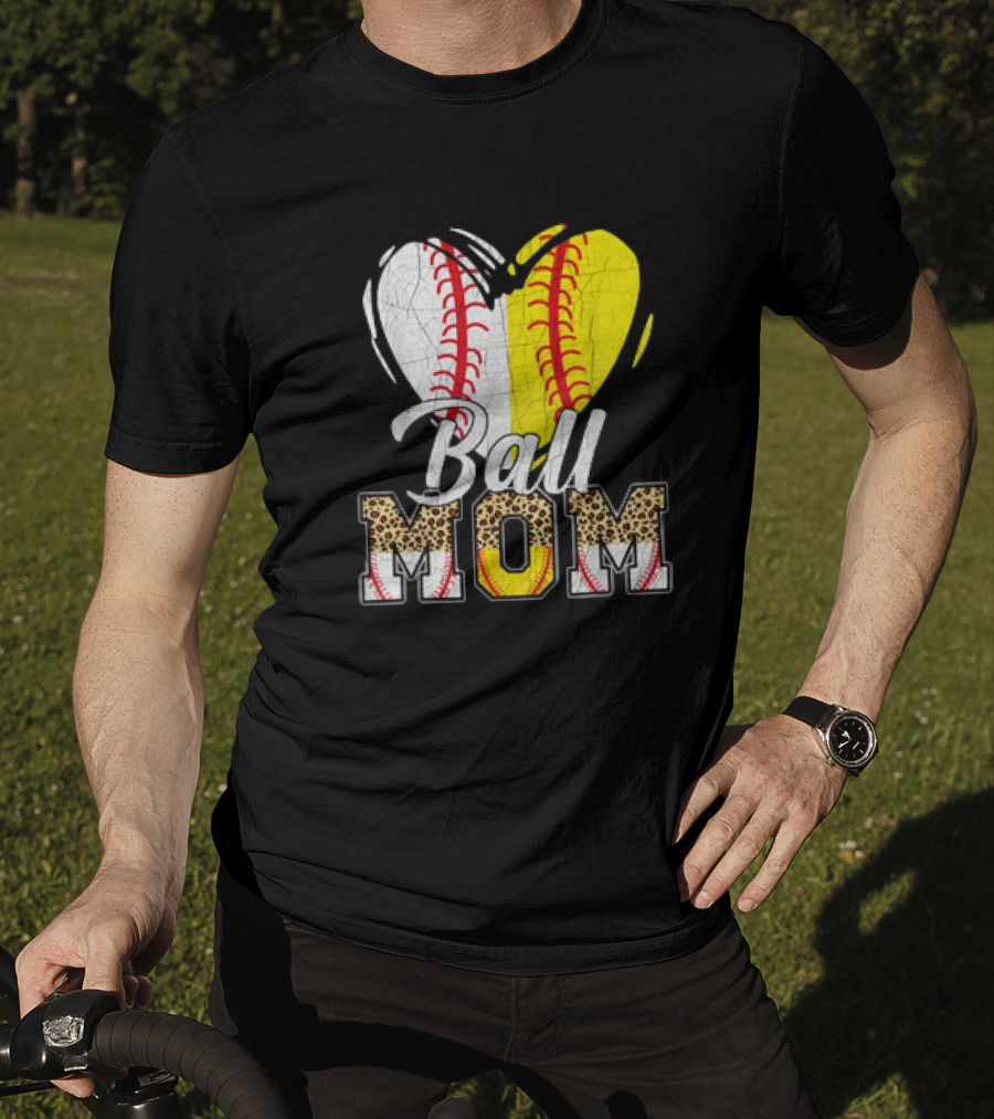 Ball Mom Heart Leopard Baseball Softball Vintage Women T-Shirt