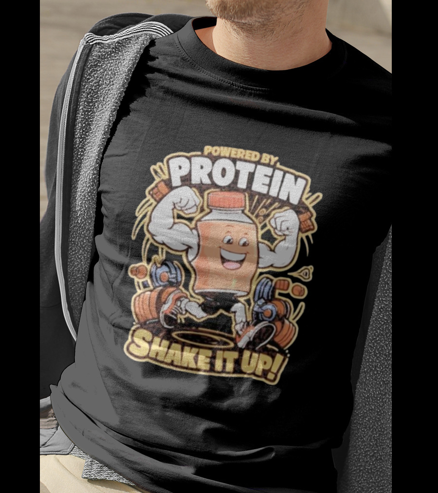 Powered By Protein Shake It Up Flexing Cartoon Bottle With Weights T-Shirt