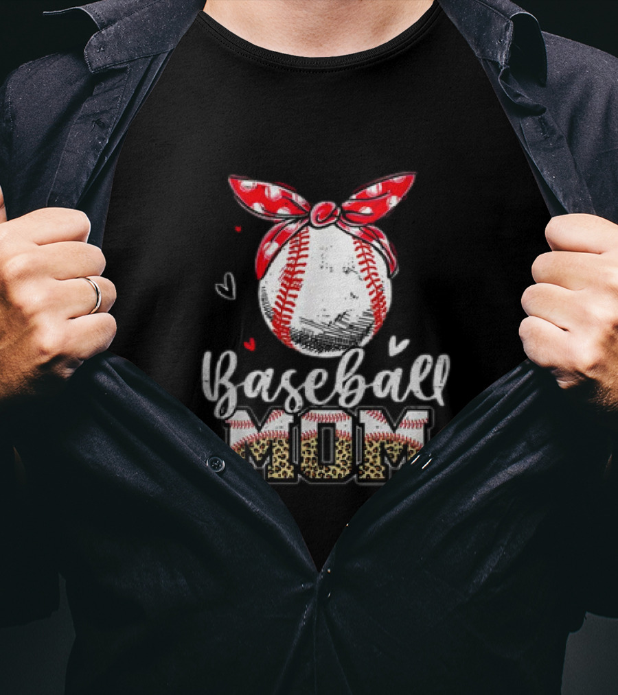 Leopard Baseball Mom Red Headband Baseball Ball Mother's Day Mama T-Shirt