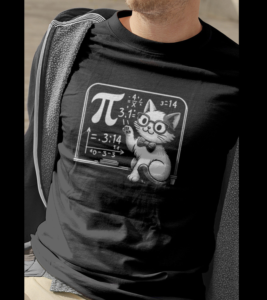 Pi 3.14 Cat With Glasses And Chalkboard Equations T-Shirt