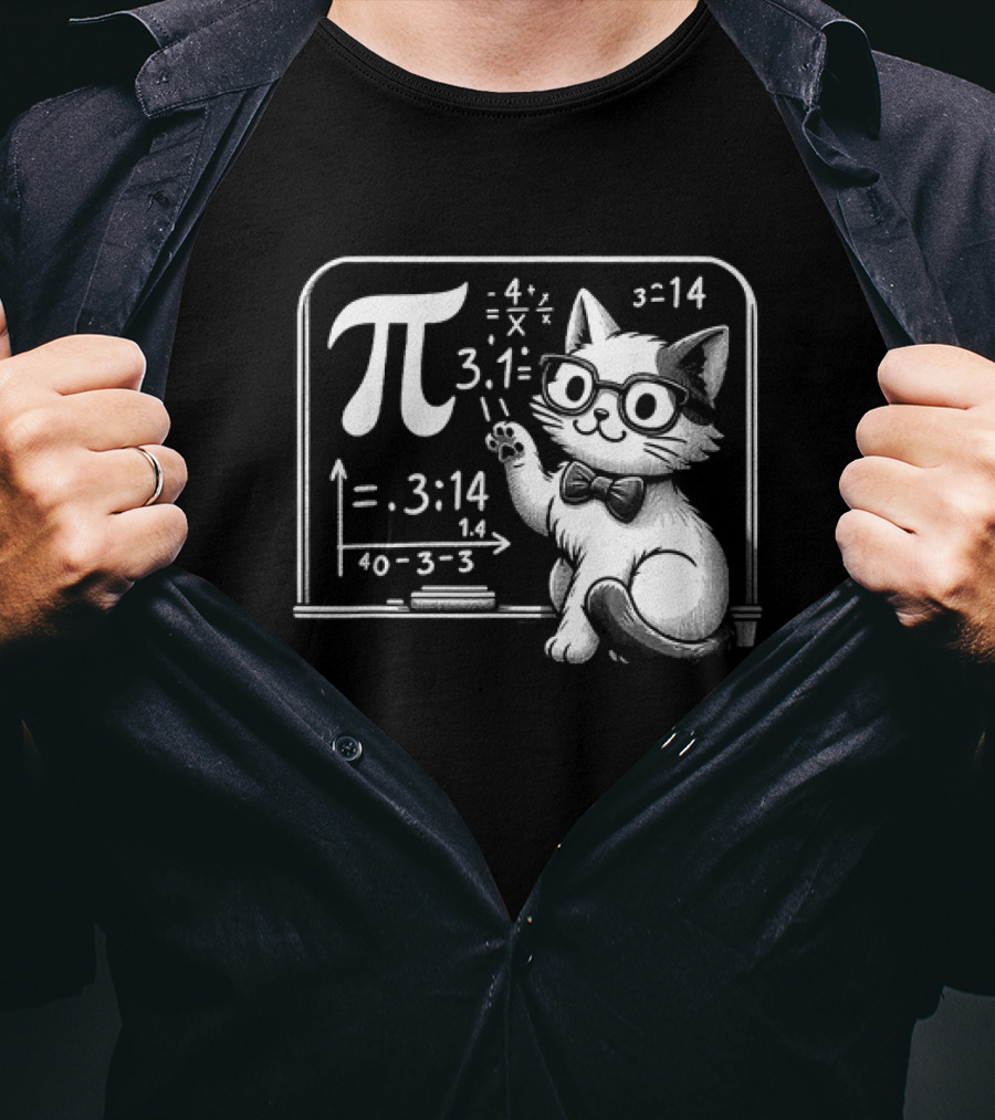 Pi 3.14 Cat With Glasses And Chalkboard Equations T-Shirt