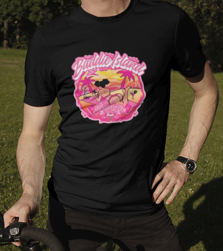 Baddie Island Summer Scene With Palm Trees And Cocktail Imagery - Baddie Budz Vibe T-Shirt